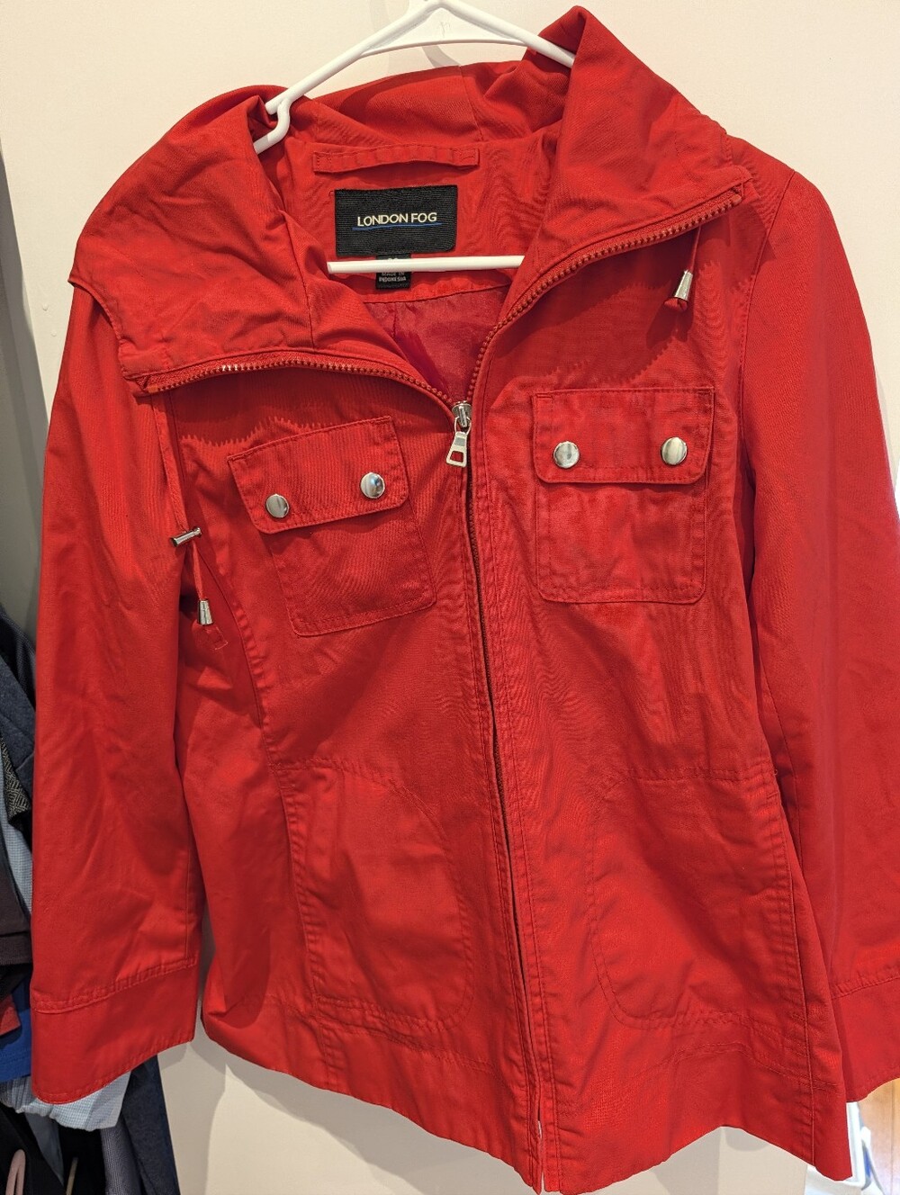 London Fog Red Hooded Utility Rain Jacket Petite Small PS Cinched Waist Anorak